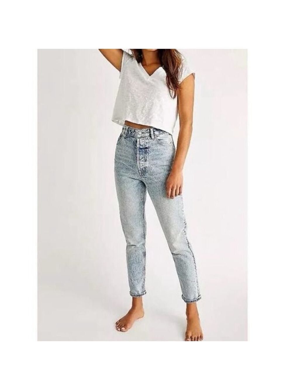 We The Free Zuri High Rise Button Fly Blue Denim Jeans Size 27 Revolve